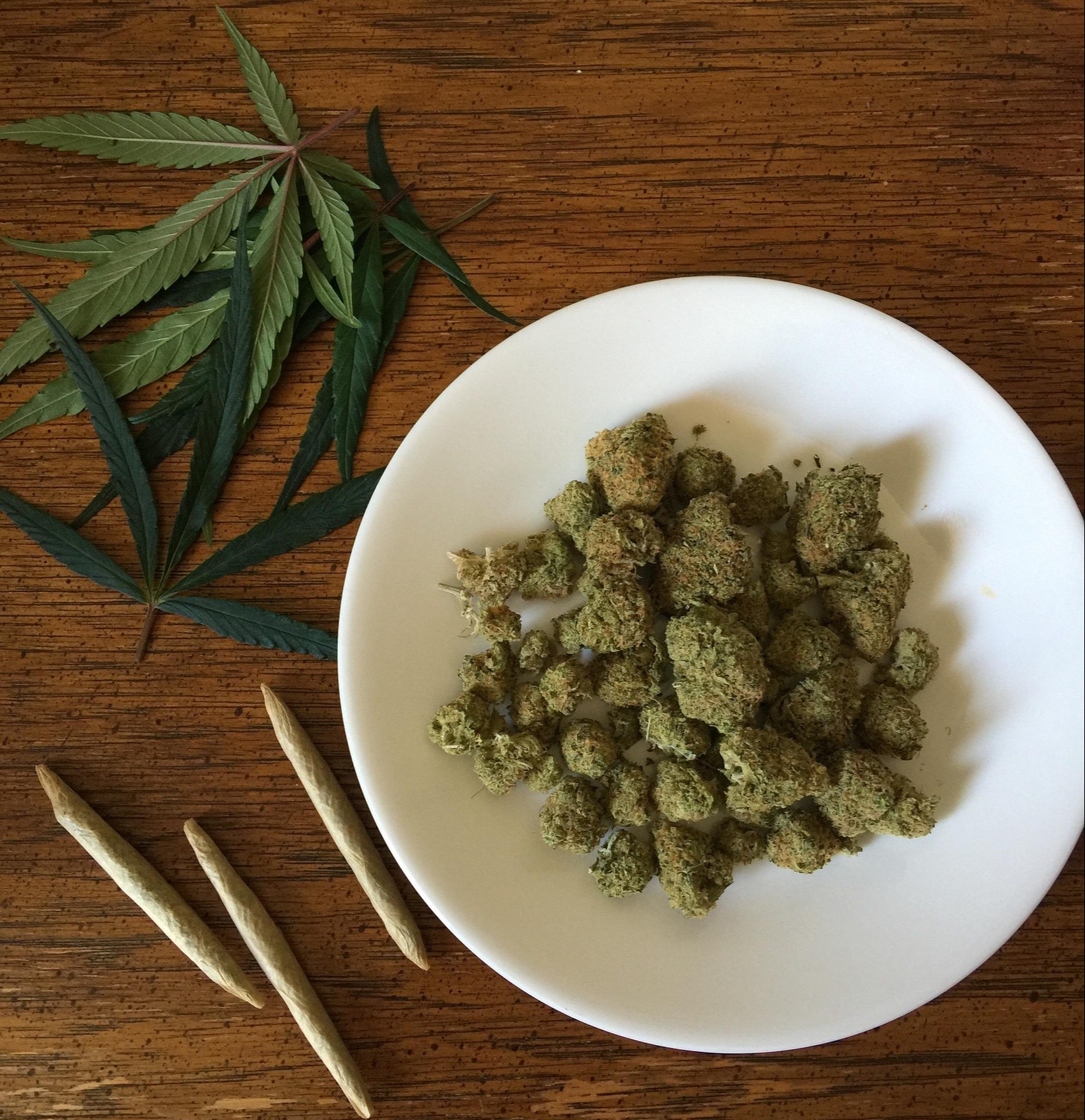 Marijuana on a plate with a leaf in the top left corner and three joints in the bottom right